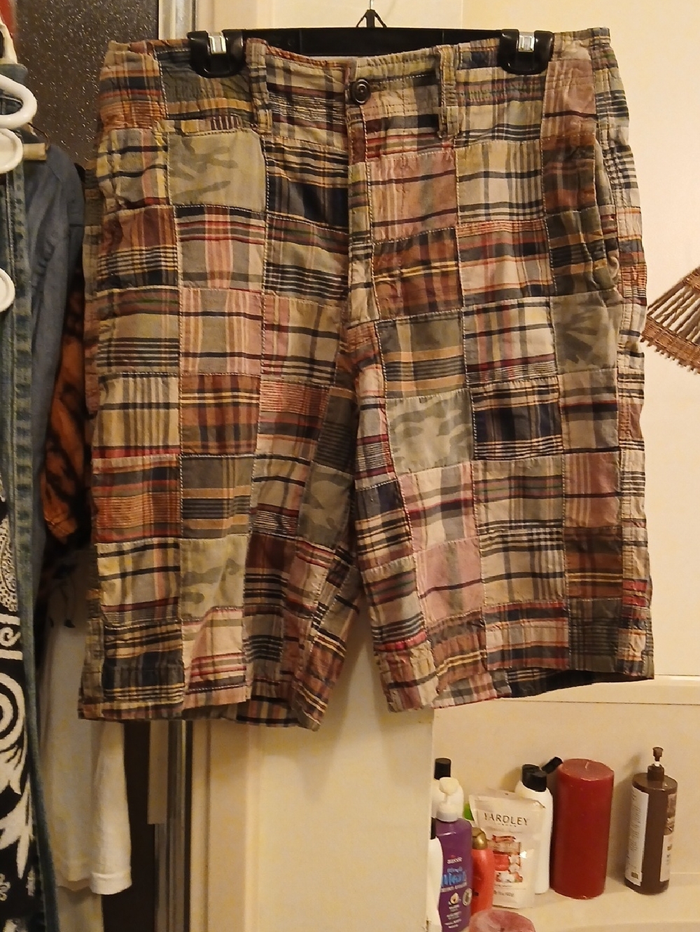 American Eagle  Patchwork Plaid Cargo Shorts - Multicolor Plaid & Olive Accents